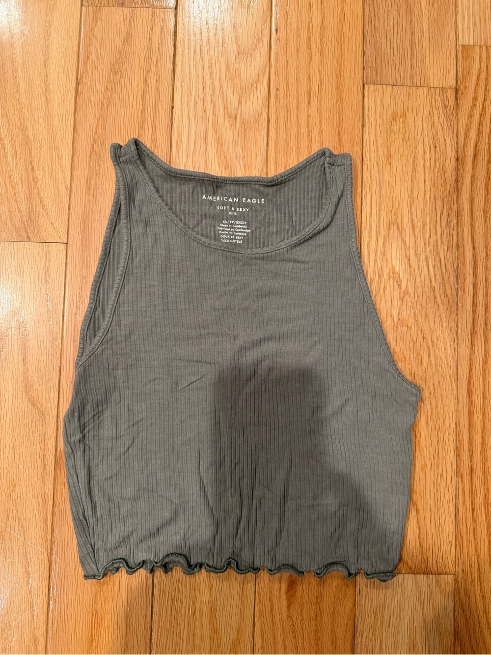American Eagle Outfitters olive ribbed lettuce-edge crop tank